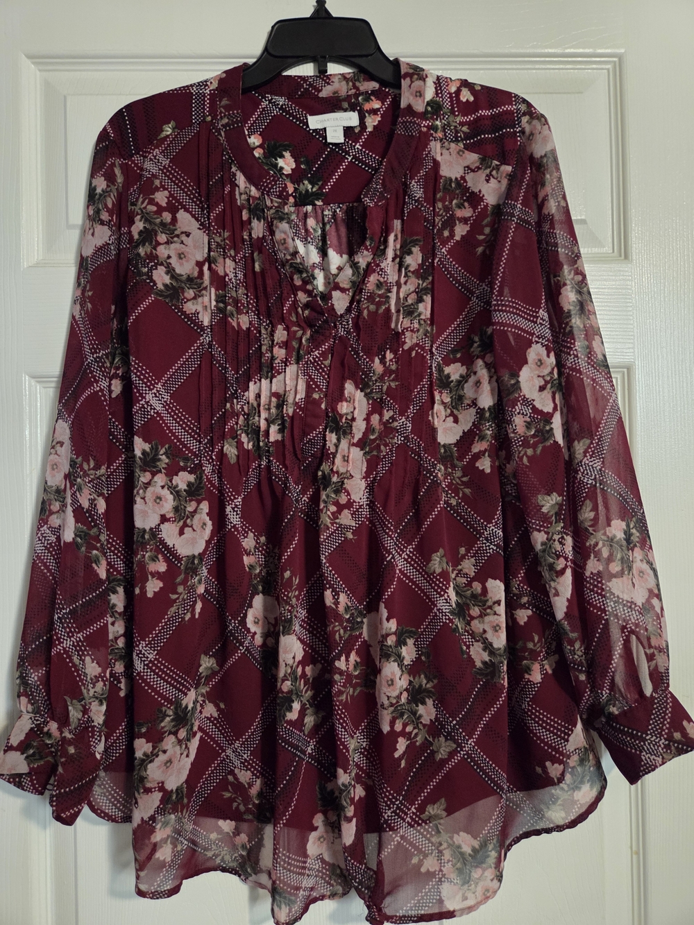 Charter Club Burgundy Floral Plaid Pleated Blouse
